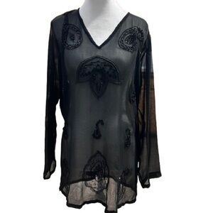 VTG ZERO ZERO Y2K Black Sheer Beaded Tunic Top Whimsigoth Fairy Grunge Size L